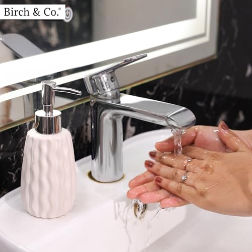 Image of Birch & Co. Ceramic Soap Dispenser For Wash Basin - Handwash Dispenser Bottle - Leak-Proof Design With Silver Glossy BPA-Free Pump, Velo, White,Soapdispenser Velo White