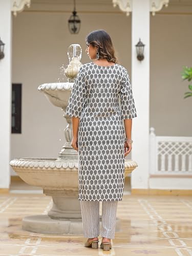 Image of Juniper Grey Ethnic Motif Printed Cotton Kurta, Pant And Dupatta Set With Thread & Mirror Work