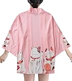 LAI MENG FIVE CATS Women's Lucky Cat Cardigan Kimono Loose Cover up Casual Blouse Cute Tops