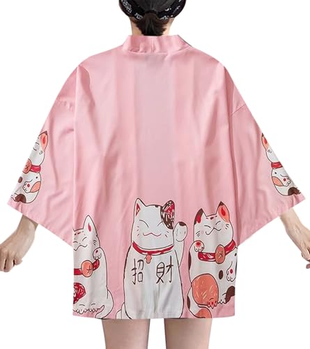 Image of LAI MENG FIVE CATS Women's Lucky Cat Cardigan Kimono Loose Cover up Casual Blouse Cute Tops