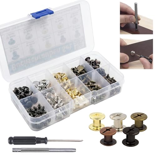 Buchschrauben Set M4 200 Stück Chicago Schrauben in 5 Farben Verbindungsschrauben mit Locheisen & Schraubendreher für Leder Buchbindung & Möbel