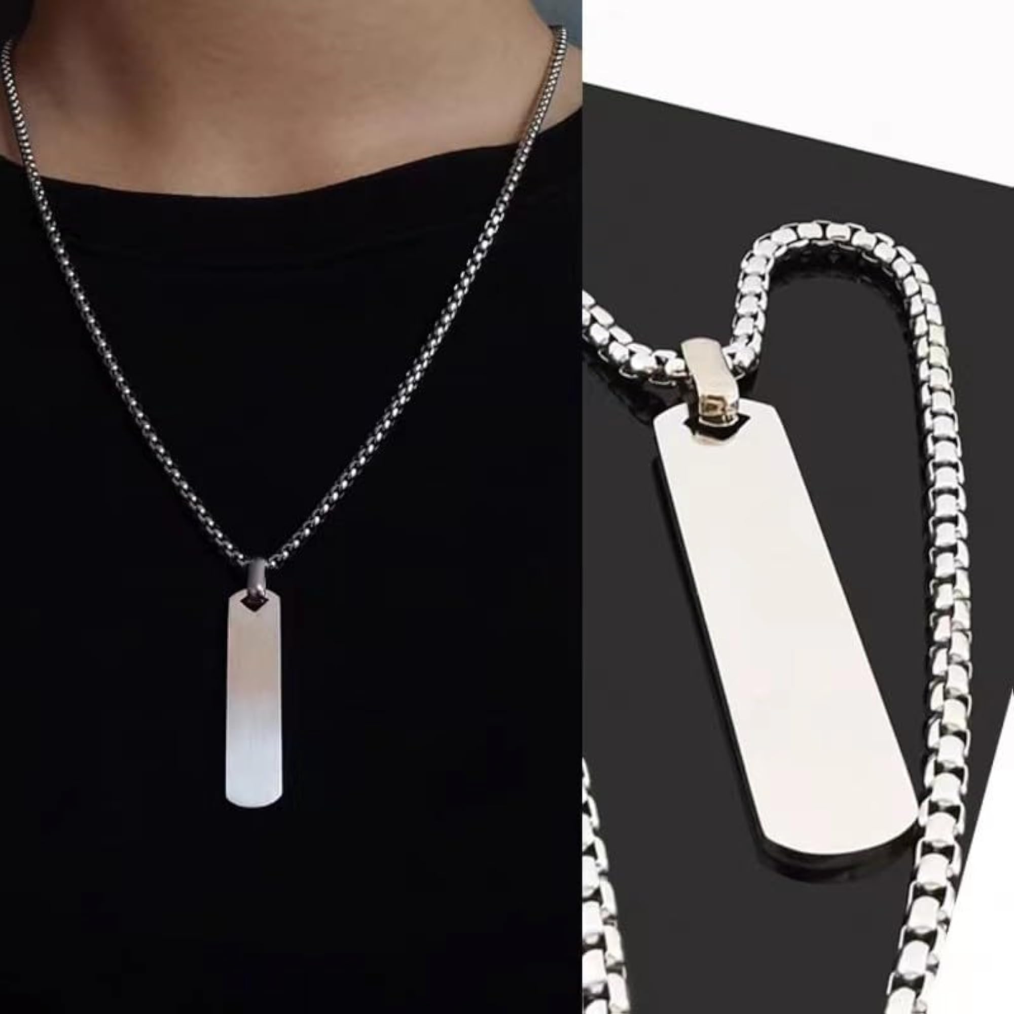 Men's Anti Tarnish Silver Chain with Bar Pendant Locket Necklace