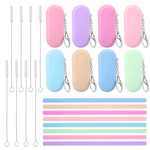 8 Sets Reusable Straws Travel, Foldable Portable Straw with Cleaning Brushes Silicone Straws with Case for School Office Party Picnic Travel (8Color)