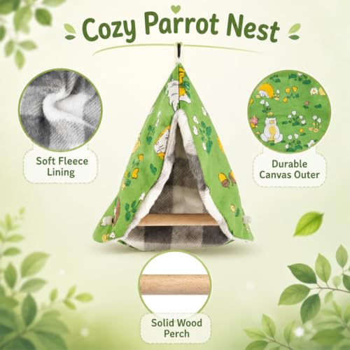 Image of Qpets Hanging Bird Tent Bed, Plush Nest with Wooden Perch for Small Birds
