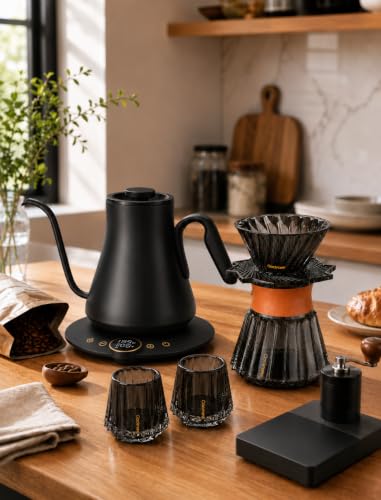 Image of Cocinare Gooseneck Electric Kettle & Pour Over Coffee Set, ±1F Temperature Control, 1500W 0.9L Kettle, Coffee Dripper, 550 ml / 18.6 oz Server & 2 Tasting Cups