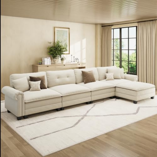 Image of HERA'S HOUSE 150 inch Oversized L Shaped Modular Sectional Couch Living Room | Mid-Century Modern 5-Seater Cloud Sofa, White, Rolled Arms & Nailhead Trim, Wider & Deeper Seats, Ottoman, Chenille