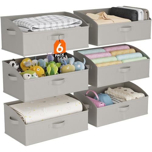Lifewit Extra Large Trapezoid Closet Storage Bins for Shelf, 6 Packs Non-woven Closet Organizer Baskets with Handles, Foldable Clothes Containers Boxes for Clothing, Book, Purse, 23L, Light Gray