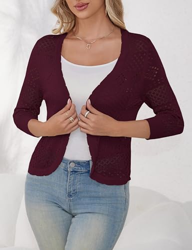 Image of REDHOTYPE Women's 3 /4 Sleeve Cardigan Open Front Cropped Shrugs Summer Hollowed Lightweight Cardigans Sweater (S-XL)