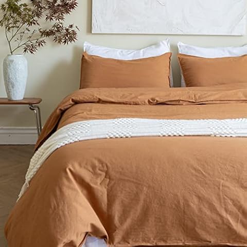 BISELINA French Linen Duvet Cover Set 3pcs with Hidden Zipper Closure Natural Flax Cotton Blend Solid Color Soft Breathable Luxury Farmhouse Bedding -Queen Size, Rust Cover