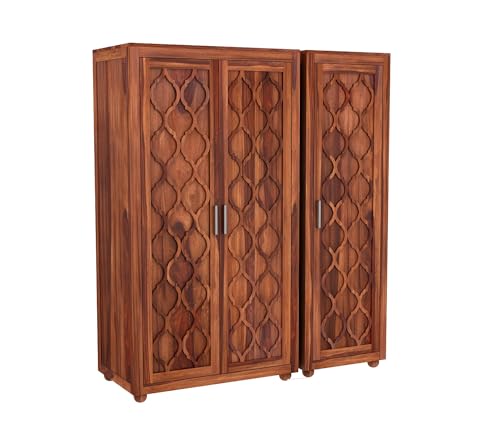 Image of Wooden 3 Door Wardrobe for Clothes with 2 Drawer 6 Shelf Storage & Hanging Space - Sheesham Wood Almirah for Bedroom - Solid Wood Large Cupboard (Honey Finish)