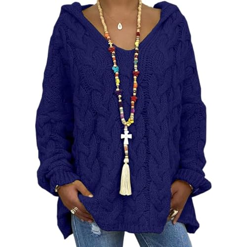 OULIWANGLUO Women's Oversized Chunky Cable Knit Hooded Sweater Long Sleeve V-Neck Hoodies Fall Loose Fit Pullover (Dark Blue,3X-Large)