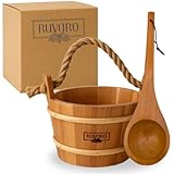 Ruvaro Sauna Bucket and Ladle Set – Handcrafted from Canadian Red Cedar Wood – 1 Gallon (4Liters) Water Capacity – Leakproof Liner – Natural Rope Handle - Luxury Sauna Accessories Set