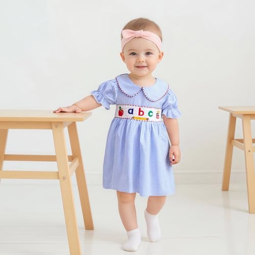 Little Toddler Girl Back to School Dress Embroidery Short Sleeve Smocked Dress Kids First Day of School Pre K Outfit4