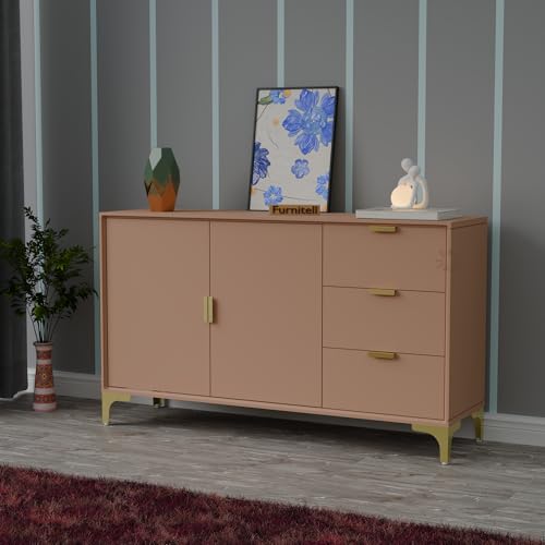 Image of Wooden Sideboard Cabinet for Living Room | Side Board Crockery Cabinet with 2 Doors & 3 Drawers Storage for Dining, Drawing and Home Office | HDMR Premium Wood & Iron, Taupe