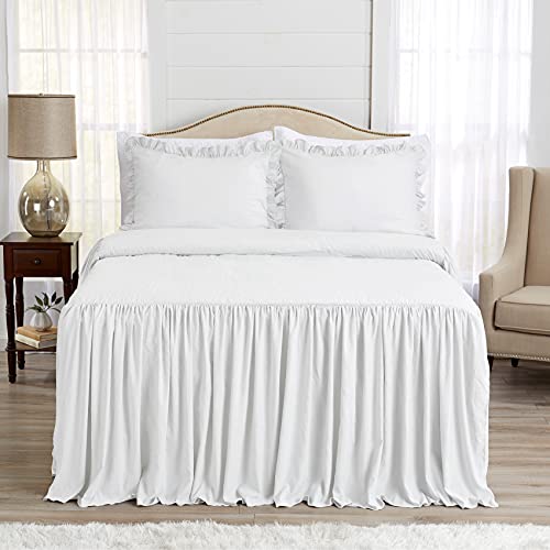 Sweet Jojo Designs Bright White Boho Shabby Bohemian Elegant Bedspread Cover And Sham 3 Pc Full Queen Size Bed Bedding Set Bedroom Coverlet With Extra Long Skirt Drop Country Glam Vintage Farmhouse #TOP1
