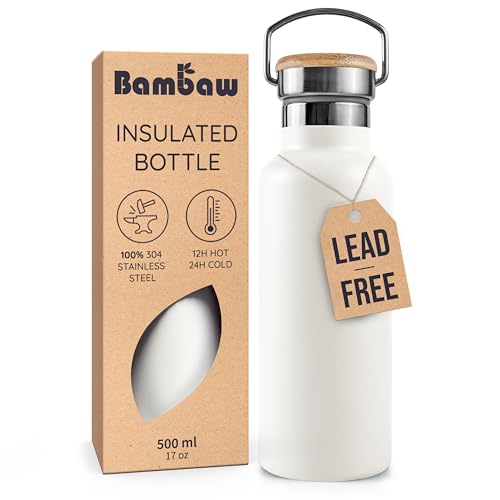 Bambaw Insulated Water Bottle 16 oz, Stainless Steel Water Bottle with Handle, Great for Travel & Hiking, Fits in Cup Holder, Made of High-Grade Stainless Steel (Polar White)