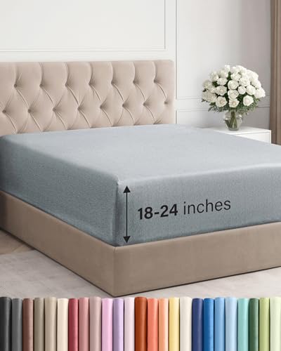 Image of Extra Deep Cal King Fitted Sheet - Single Fitted Sheet - Heathered Blue | Easily Fits 18 inch to 24 inch Mattress, Soft, Wrinkle Free, Breathable & Comfy, Extra Deep Pockets Hotel Luxury Fitted Sheet