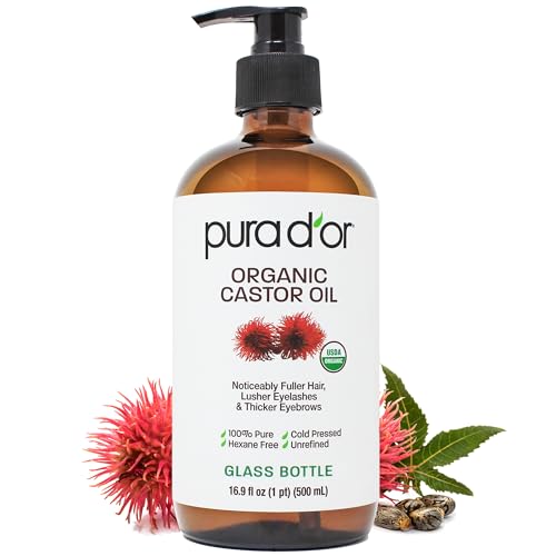 PURA D'OR 16.9 Oz ORGANIC Castor Oil (GLASS BOTTLE) 100% Pure USDA Certified Cold Pressed, Hexane Free Eyelash & Eyebrow Serum - For Fuller, Thicker Lashes & Brows - Skin & Hair Moisturizer