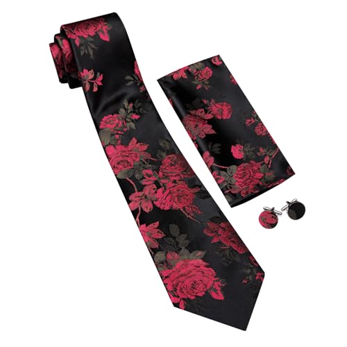 Image of Barry.Wang Flower Ties for Men Silk Woven Floral Tie Sets Necktie Handkerchief Cufflinks Wedding Party