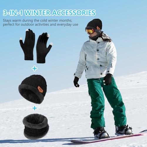 Flintronic Wintermütze, Schal und Touchscreen Handschuhe Set - Fleece-Innenfutter Warm Beanie Mütze für Herren & Damen - Elastische Mütze mit Rundem Schal