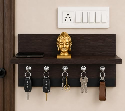 TAKME Wooden Wall Mounted Key Holder with Shelf, 5 Hooks, Dark Br...