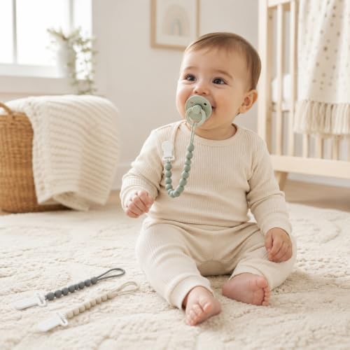 Image of 6 Pack Neutral Silicone Pacifier Clips for Boys and Girls, One Piece Beads Pacifier Clip Set with Durable Plastic Clip, Neutral Baby Pacifier Holder Set