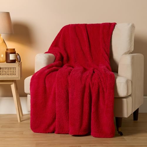 Brentfords Teddy Fleece Red Single Blankets for Beds Thick Warm Blanket for Winter Super Soft Cosy Comfy Fleece Throw Couch Cover Over Sofa Throw - Red 150 x 200cm