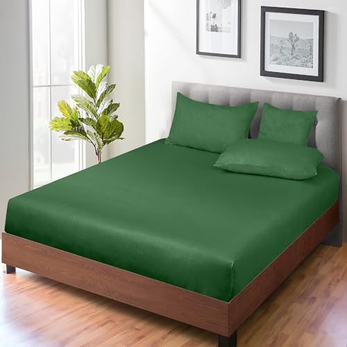 Image of ROYALE LINENS 300 Thread Count 100% Long Staple Combed Cotton Fitted Sheet Full - Super Soft Deep Pocket Bottom Sheet - Fitted Sheets Only - Elastic Sheets (Full, Hunter Green)