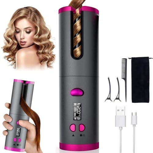 Cordless Automatic Rotating Curling Iron with 6 Temperature, [Prevent Scalding Tangle-Free] 5000mAh Rechargeable Portable Auto Hair Curler Hair Styling Electric Curling Iron for Travel, Black