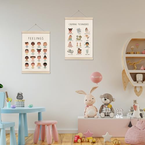 Image of Feelings Chart, Emotions Learning Posters for Toddler, Mental Health Posters Hanger Frame, Set of 2 Kids Montessori Educational Artwork, Canvas Wall Art Decor for Counseling Office 16x12 Inch