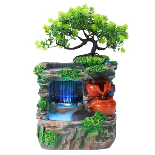 Aeroor卓上噴水 デスクトップ噴水 ミニ滝 樹脂 室内 風水 玄関 置物 インテリア おしゃれ 加湿器 流水 LEDライト付き 工芸品、デスクトップの小さな岩場、流水噴水の雨のシーンのクリエイティブ、 開運 装飾 卓上用飾り 部屋 オフィスに対応 ヨガ