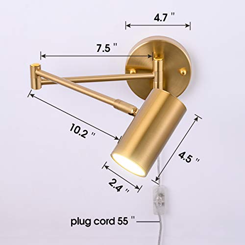 Image of Gold Plug in Wall Sconces Set of 2, Modern Swing Arms Wall Lamp with Plug-in Cord Adjustable Wall Light for Bedroom Living Room (Light Source Included)