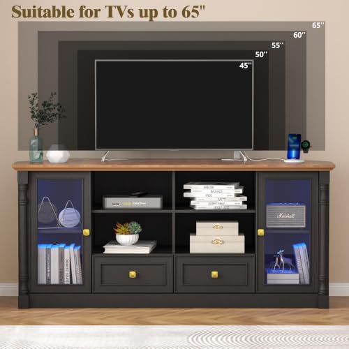 Image of Corner TV Stand for 55 60 65 Inch TVs,Entertainment Center,Black | Classic Column Design With 2 Display Cabinets,2 Drawers,Power Outlet & Led Light, Media Furniture For Living Room,Bedroom