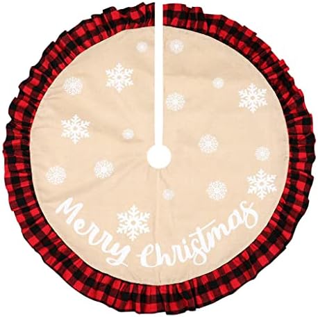 Christmas Tree Skirt 48 Inch Red Black Plaid Ruffle Edge Burlap Xmas Tree Skirt Burlap Rustic Tree Skirt with White Snowflake Large Tree Skirt Indoor Outdoor Xmas Holiday Decorations