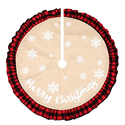 Christmas Tree Skirt 48 Inch Red Black Plaid Ruffle Edge Burlap Xmas Tree Skirt Burlap Rustic Tree Skirt With White Snowflake Large Tree Skirt Indoor Outdoor Xmas Holiday Decorations #TOP2