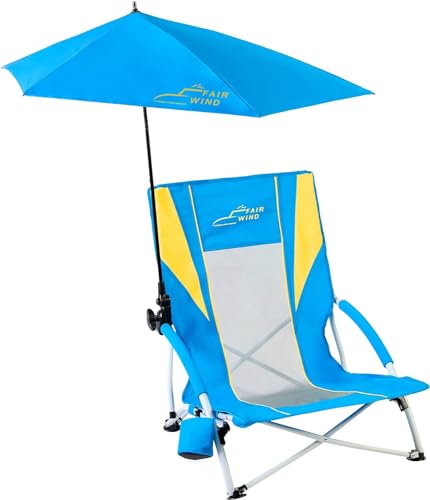 FAIR WIND Beach Umbrella Chair, Beach Chairs for Adults, Low Shade Chair Folding Backpack Portable Concert Bag Sand with Cup Holder - Yellow Blue