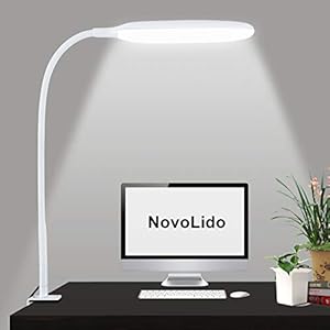 NovoLido – 10W Lampe de Bureau LED avec Pince, Lampe de Table Flexible à 360 ° avec 3 Modes de Couleur et Gradation en Continu, 3000-10000K, CRI ≥ 90, Protection des Yeux, Fonction Mémoire (Blanc)