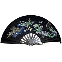 Multifunction Stainless Steel Tai Chi Fan Decorative Folding Fan Chinese Kung Fu Fan for Performance Dance, Sports, Decorations, Festival, Gift Black, Dragon and Phoenix Pattern