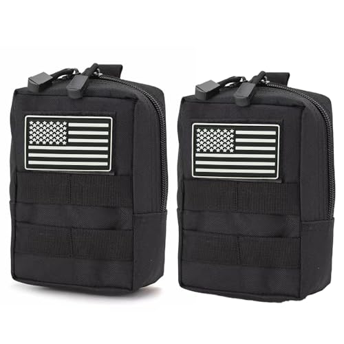 2 Pack Molle Pouches-Vest Pouch Belt Pouch Waist Bag Pack EDC Molle Accessories Bag Small Utility Pouch with Flag Patch Black