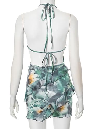 Image of Yuopeid Women's Sexy Halter Neck Backless Printed Mini Dress Floral Layered Ruffle Bodycon Short Party Dress