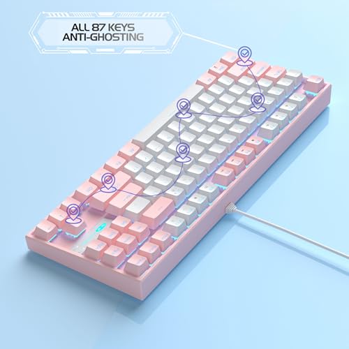 Image of MageGee 75% Mechanical Gaming Keyboard, Red Switch, LED Blue Backlit, 87 Keys Compact TKL Wired Computer Keyboards for Windows Laptop PC Gamer - White /Pink