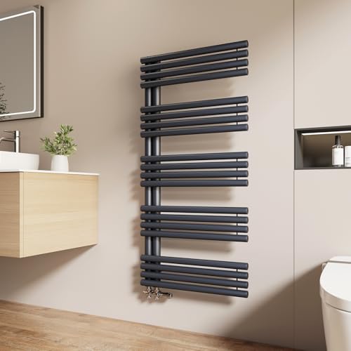 EMKE Sèche Serviettes à Eau Chaude pour Salle de Bain, 1265 x 600 mm, Tuyaux Ronds Porte-Serviettes, Chauffe-Serviettes avec raccords latéraux, Chauffe-Serviettes Bain, Anthracite 776W