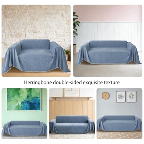 Housse de canapé grand format bleu avec pompons pour salon - 3