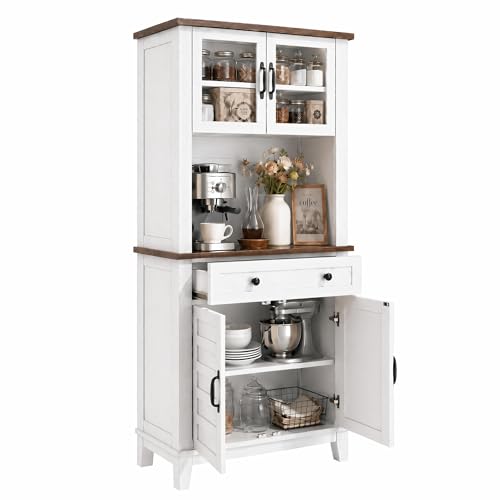 IDEALHOUSE Farmhouse Coffee Bar Cabinet with 2 Glass Doors 72 Pantry Storage Cabinet with Drawer Microwave Stand with Metal Handle Coffee Bar with Storage for Living Room Light White