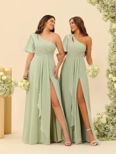 Image of Dessiny Short Sleeves Pleated Chiffon Bridesmaid Dresses with Pockets 2025 Long Dusty Blue One Shoulder Aline Ruched Formal Evening Dresses with Slit US4