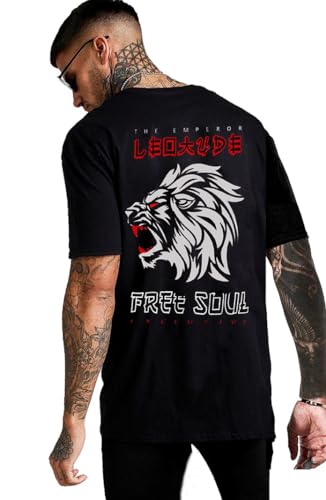Image of LEOTUDE Oversized Cottonblend Half Sleeve Back Printed Drop Shoulder Men T-Shirt (Color Black)