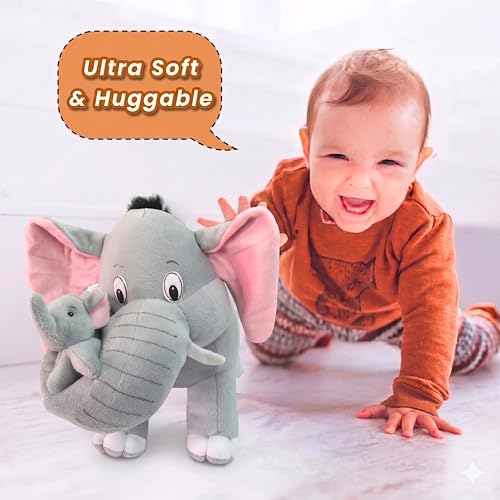 Image of Tickles Mother Elephant with Single Baby Stuffed Soft Plush Animal Toy for Kids Birthday Gifts (Size: 32 cm Color: Grey)