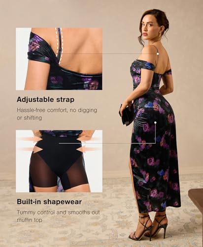 Image of Popilush Wedding Guest Dresses for Women Off Shoulder Shapewear Maxi | Multi-Way Wear, Built in Bra, Light Tummy Control, Ruched Satin Formal Cocktail Evening Bridesmaid Dress