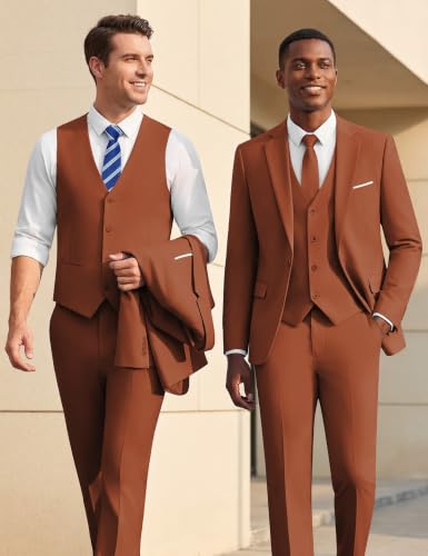Image of WULFUL Men's Slim Fit Suit One Button 3-Piece Blazer Dress Business Wedding Party Jacket Vest & Pant