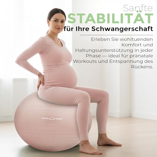 Body & Mind Gymnastikball inkl. Luftpumpe - Anti-Burst Pilates Ball, Pezziball für Schwangerschaft Ergonomischer Sitz als Büro-Stuhl, Sitzball für Yoga, Gymnastik & Workout (Rose, 55 cm)